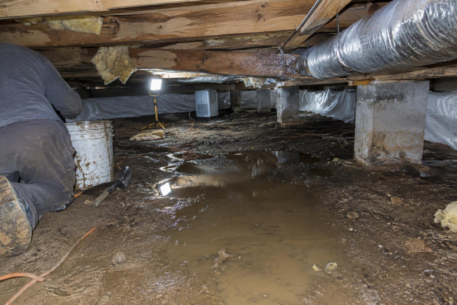Standing water pooled on bare dirt under a low crawl space with wooden floor joists and a sagging girder overhead before repair