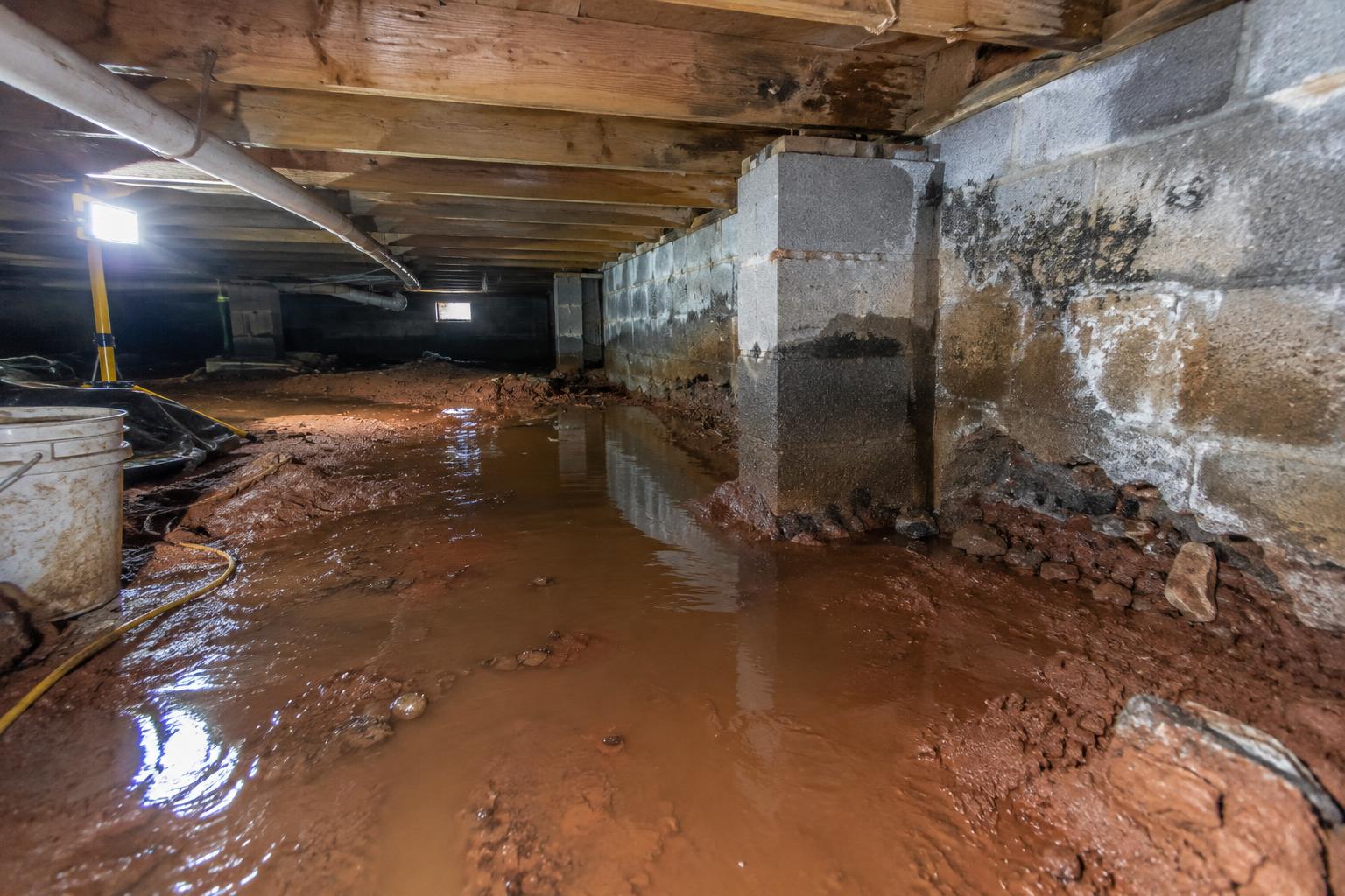 Standing water pooled on bare red clay soil under a Heiskell home, with damp wood joists and a dark moisture stain visible above