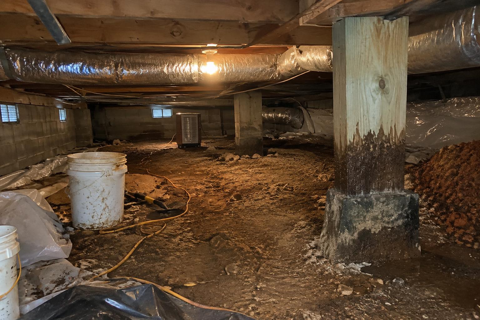 Damp bare dirt floor under a Norris home with low wooden joists overhead and dark water staining on a support pier before encapsulation